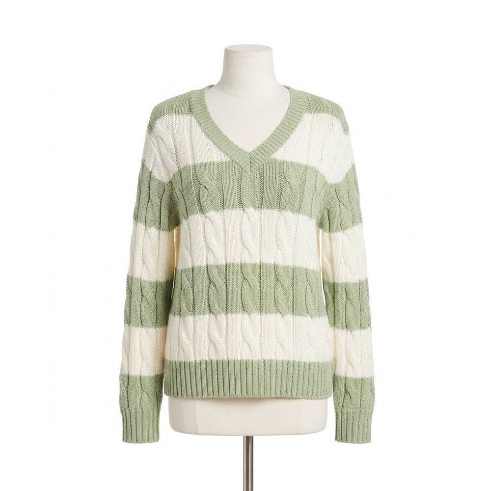 NEW FIFTEEN TWENTY avalee stripe cable sweater in sage/cream